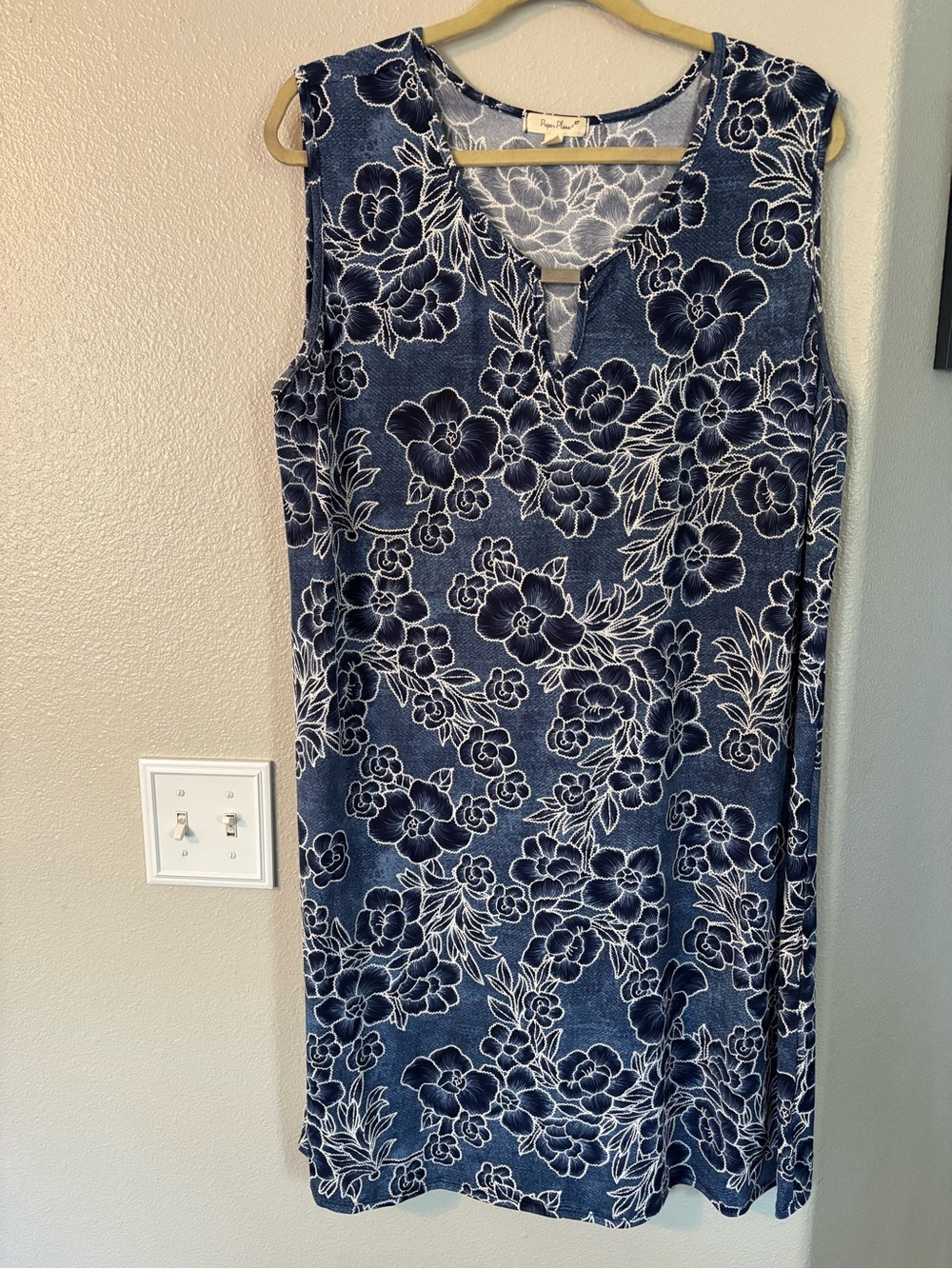 Paper Plane Blue Faux Denim 3D Stitch Look Floral Shift Dress Tunic 3X